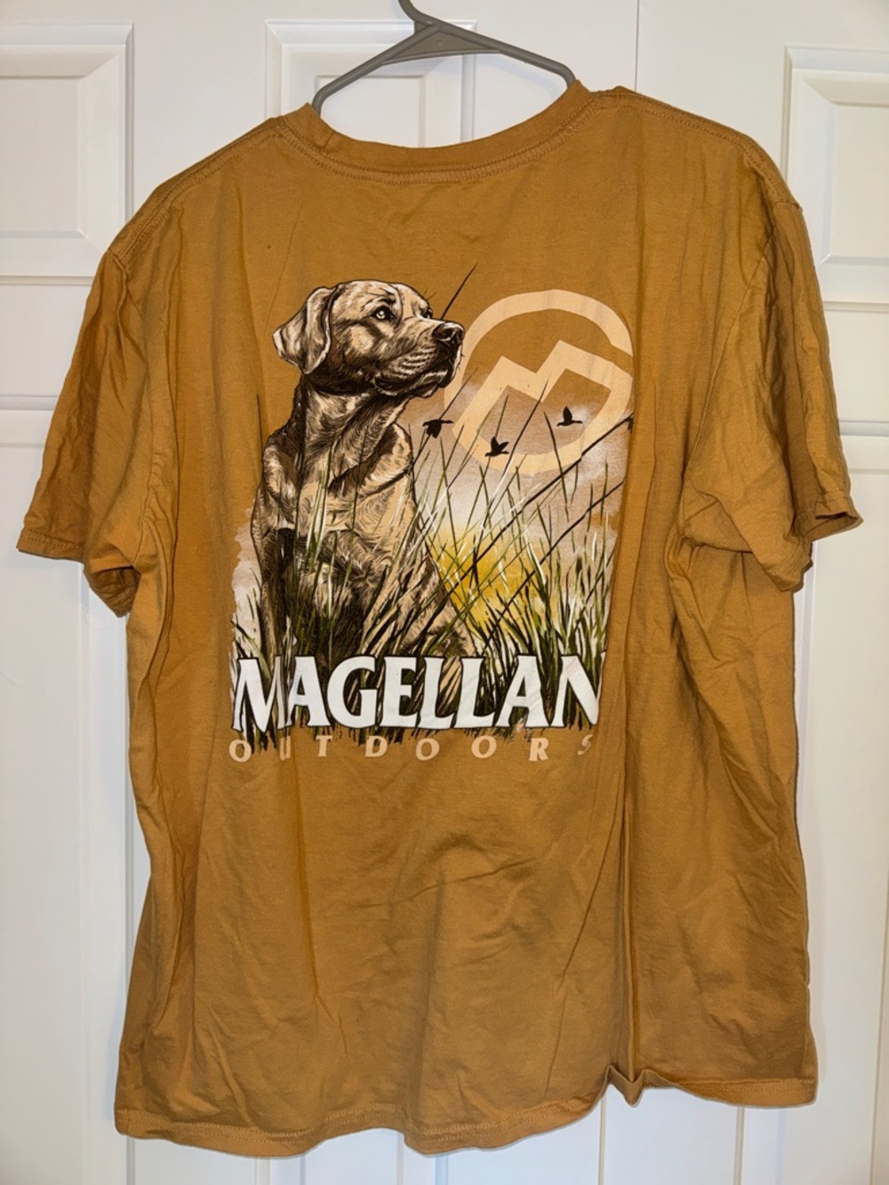 Magellan Outdoors Men's Short Sleeve Tee in Mustard with Dog Graphic